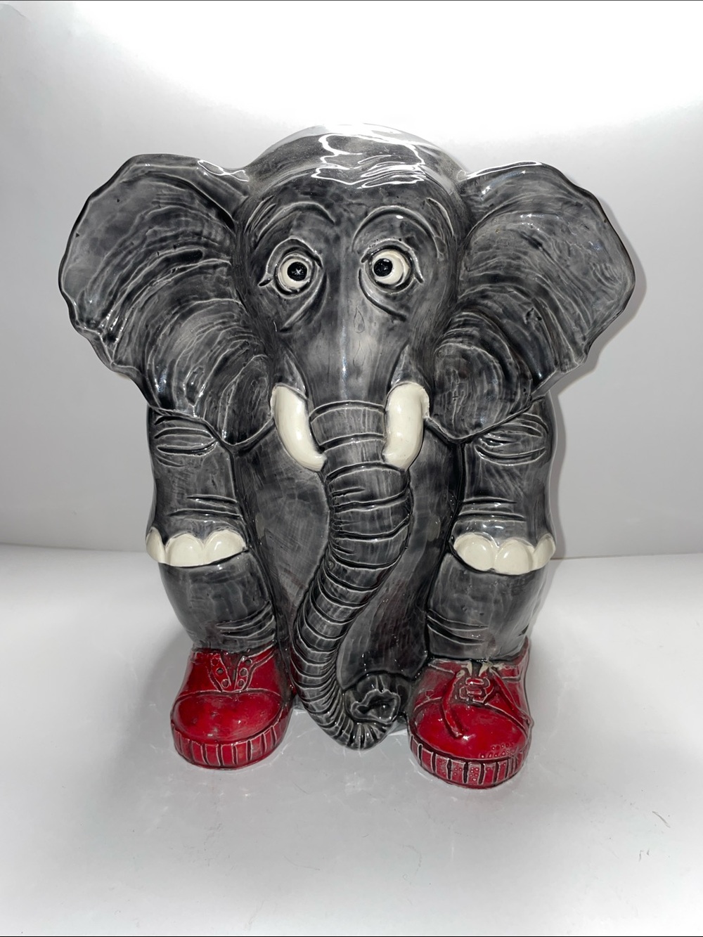 Gray Elephant Ceramic Figurine with Red Shoes - Decorative Home Art